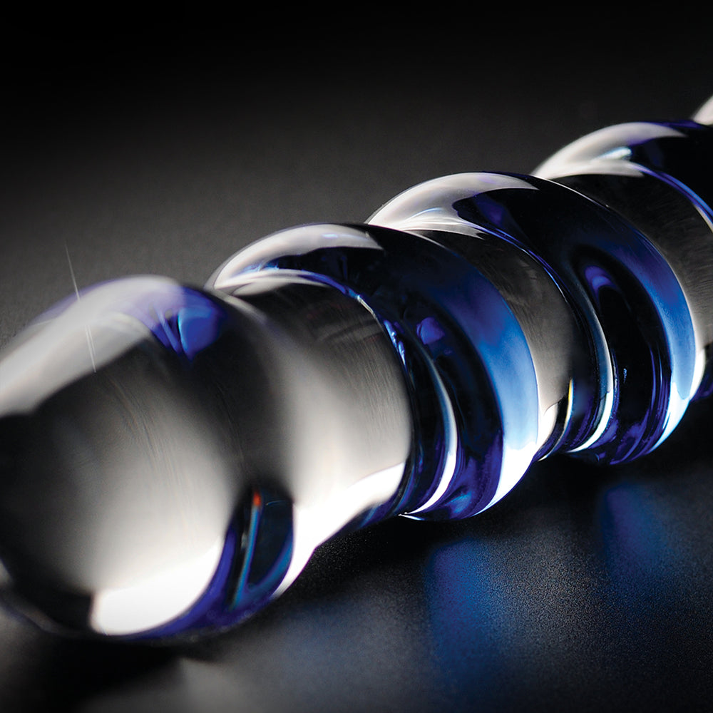 Icicles No. 5 Curved Ribbed 7 in. Glass Dildo Blue/Clear