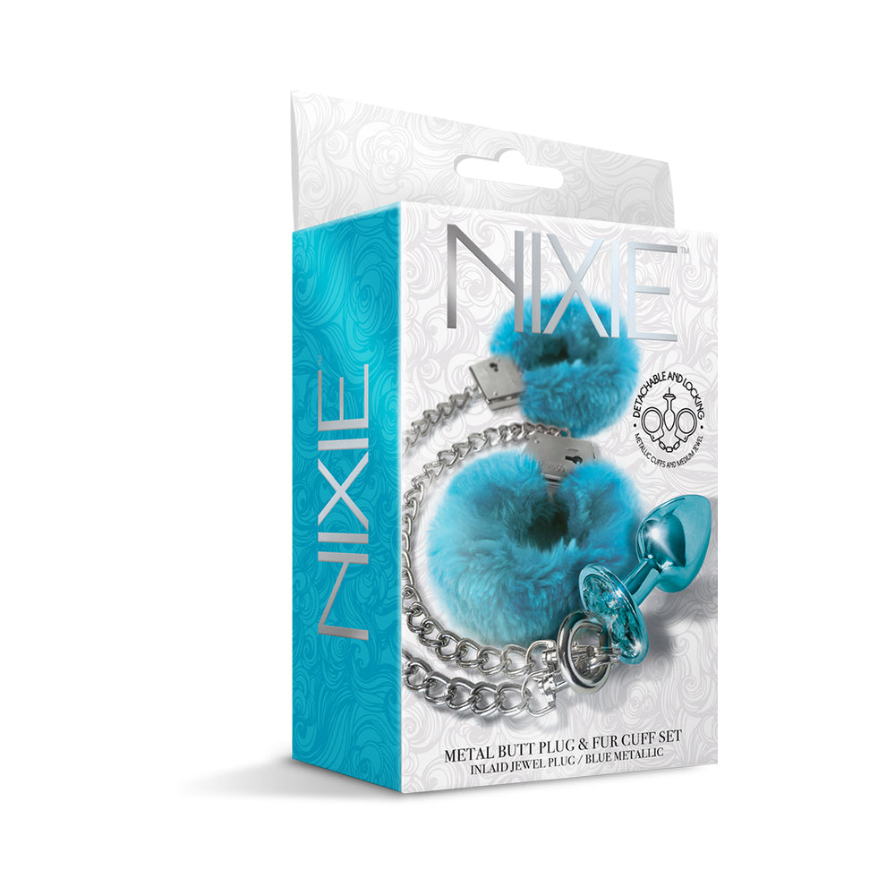 Nixie Metal Butt Plug & Furry Handcuff Set Medium Blue Metallic