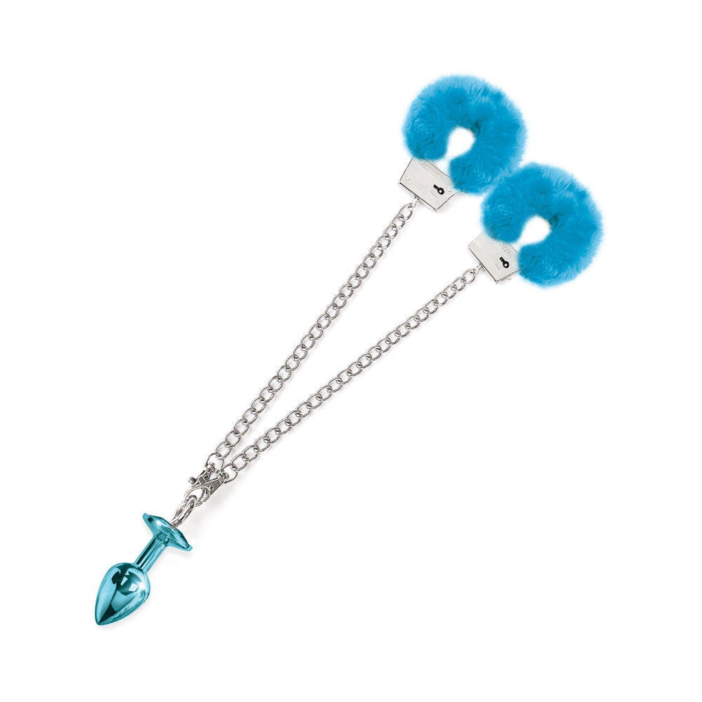 Nixie Metal Butt Plug & Furry Handcuff Set Medium Blue Metallic