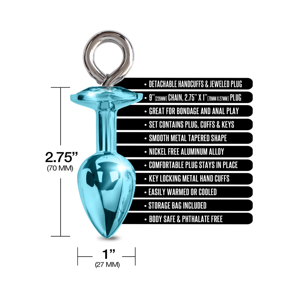 Nixie Metal Butt Plug & Furry Handcuff Set Medium Blue Metallic