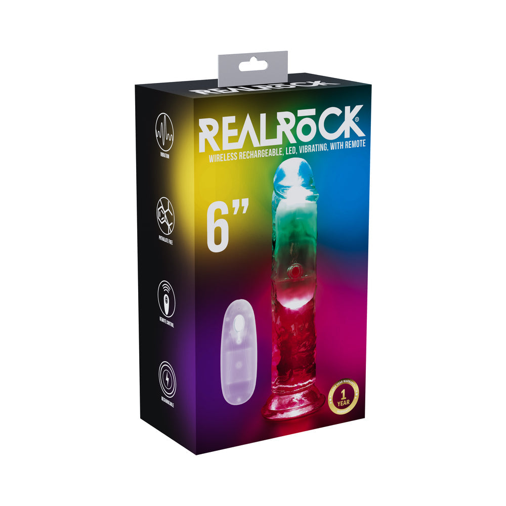 RealRock Wireless Rechargeable Remote Control LED Vibrating 6 in. Dildo Clear