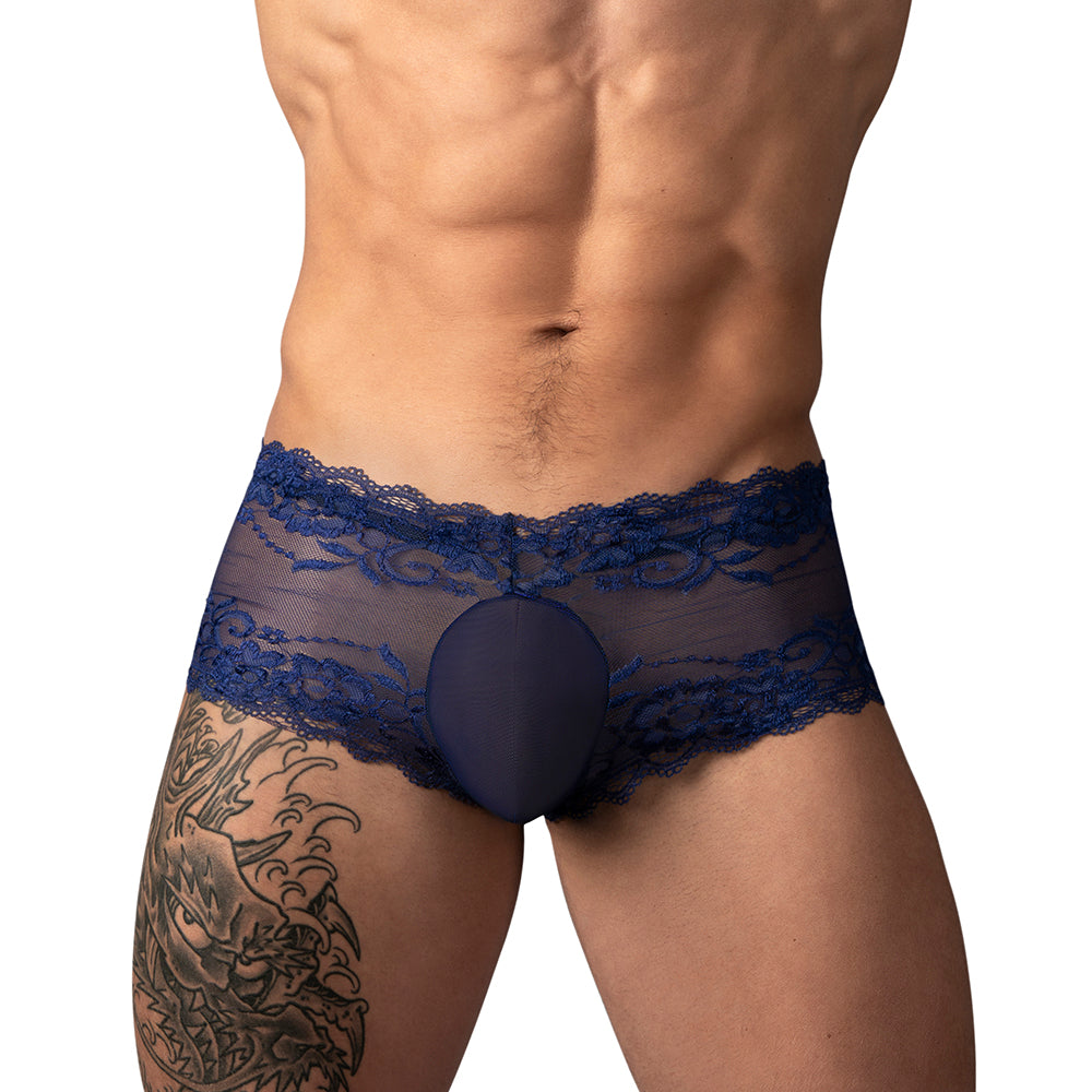 Male Power Sassy Lace Mini Short Sheer Pouch Navy M