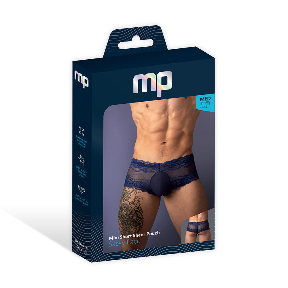 Male Power Sassy Lace Mini Short Sheer Pouch Navy XL